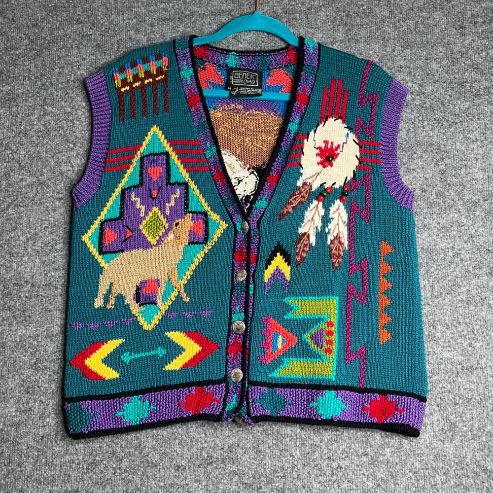 Vintage Berek Hand Knit Pima Cotton Southwestern Horse Vest Teal Womens Medium